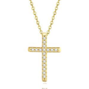 🆕 Women Gold Diamond Cross Necklace Small Sterling Cubic Zirconia Stone Jewelry